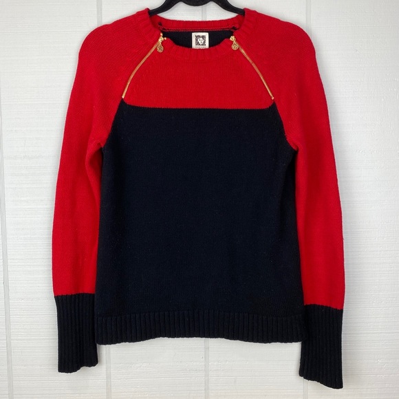 Anne Klein Red & Black Knit Sweater Color Block Gold Zippers Crewneck M - Picture 1 of 7